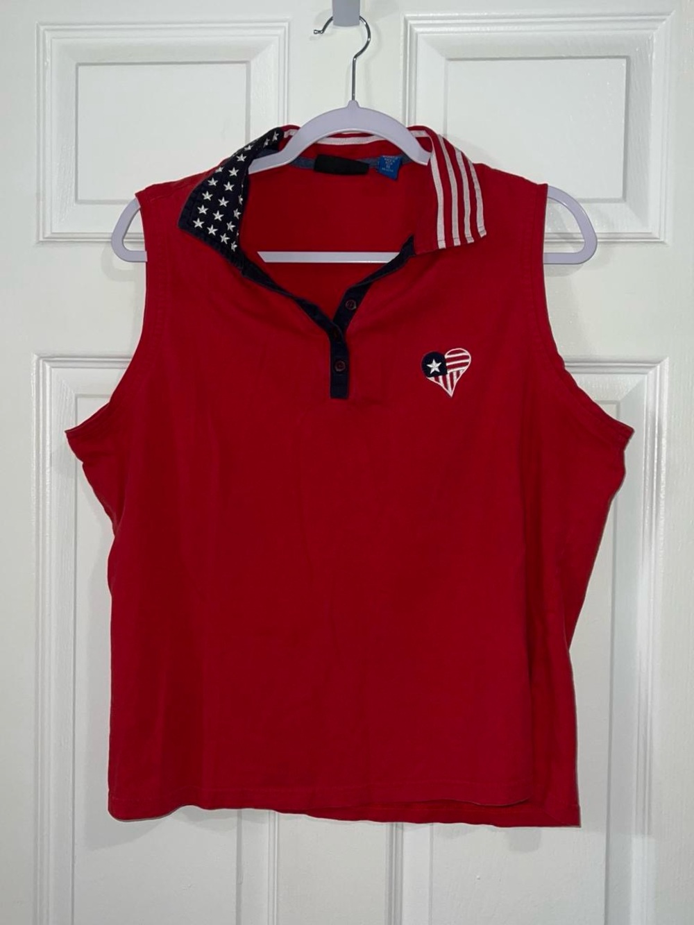 Karen Scott red sleeveless USA flag polo shirt